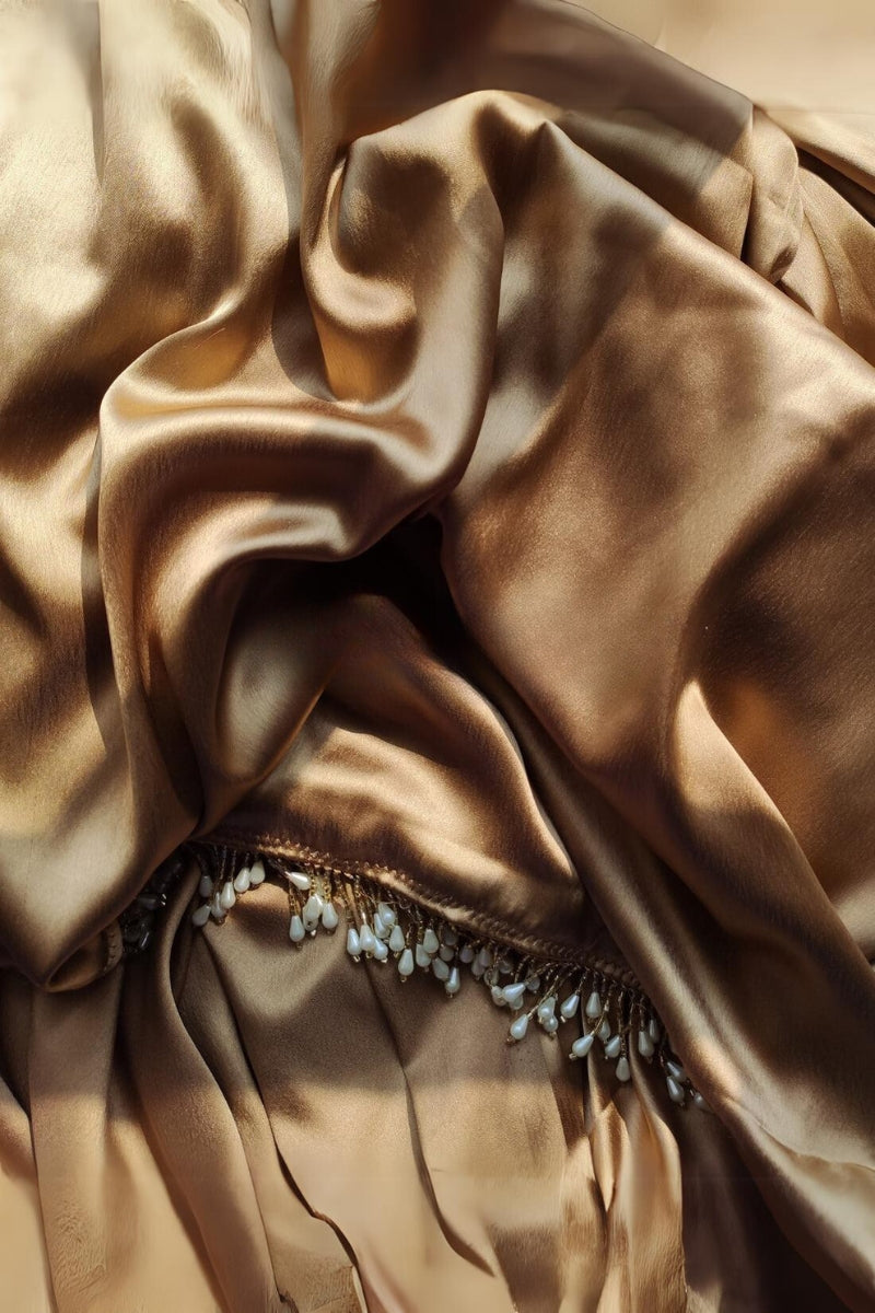 Energetic 1-Minute Ready To Wear Champagne Gold Satin Silk Saree - thelotusfab