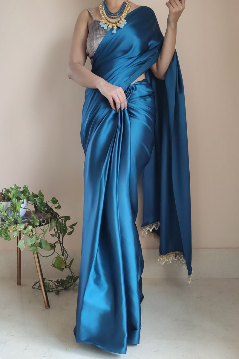 Flaunt 1-Minute Ready To Wear Cobalt Blue Satin Silk Saree - thelotusfab