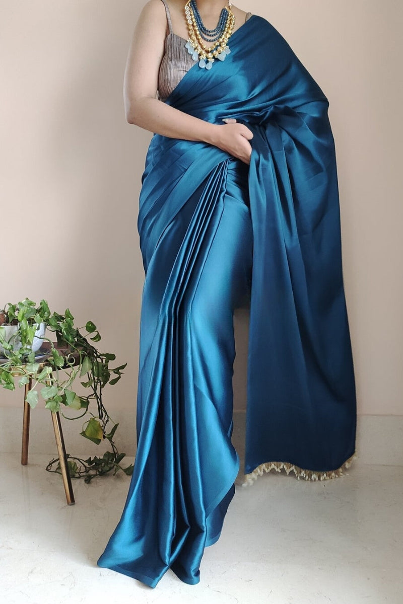 Flaunt 1-Minute Ready To Wear Cobalt Blue Satin Silk Saree - thelotusfab