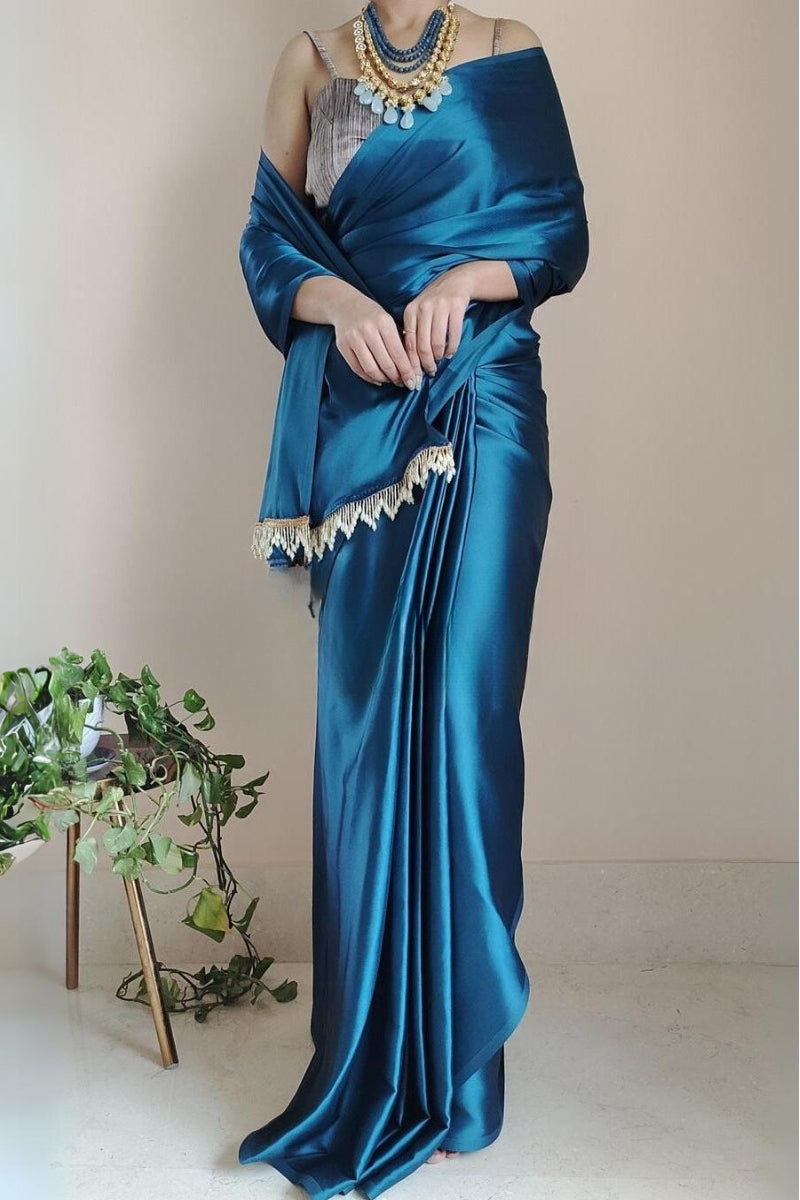 Flaunt 1-Minute Ready To Wear Cobalt Blue Satin Silk Saree - thelotusfab