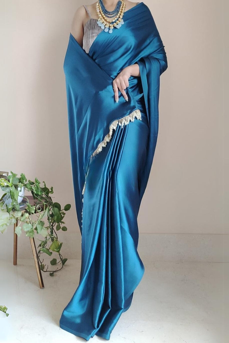 Flaunt 1-Minute Ready To Wear Cobalt Blue Satin Silk Saree - thelotusfab