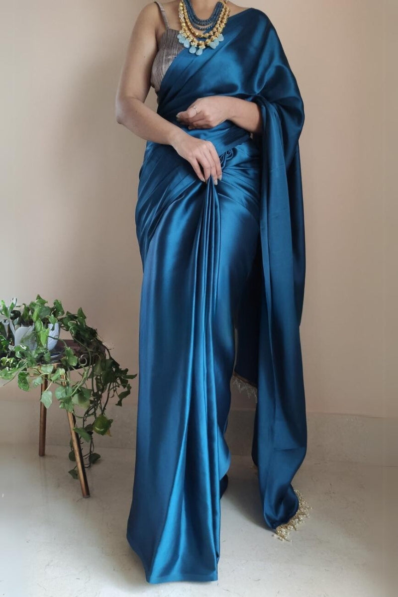 Flaunt 1-Minute Ready To Wear Cobalt Blue Satin Silk Saree - thelotusfab