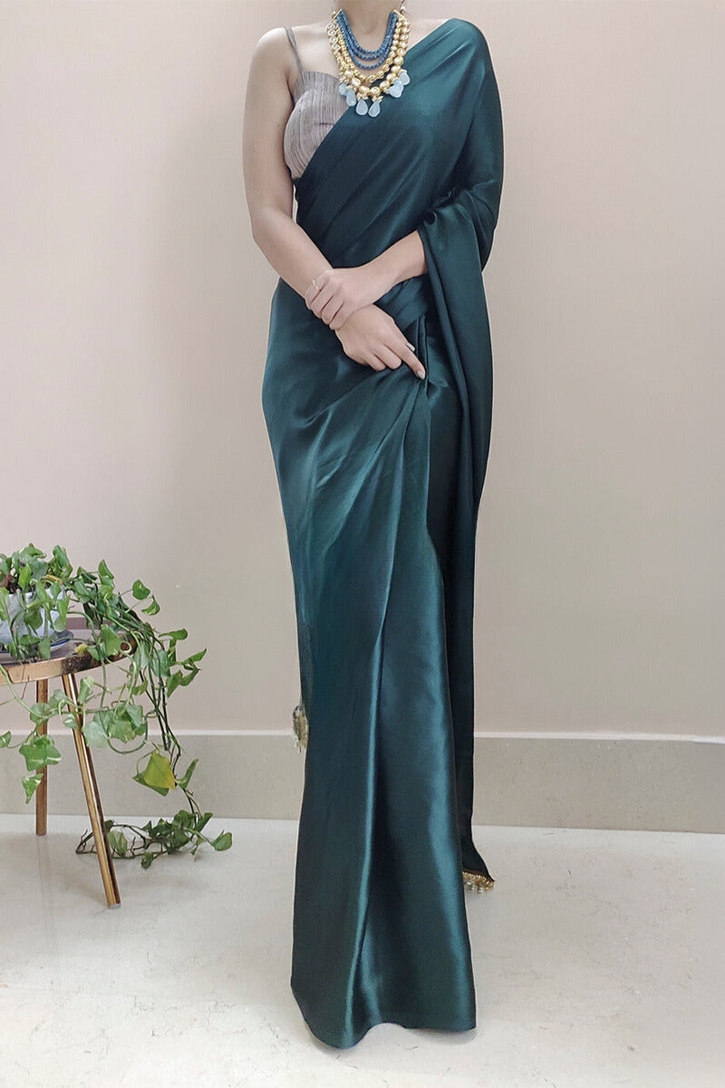 Enticing 1-Minute Ready To Wear Dark Blackish Green Satin Silk Saree - thelotusfab