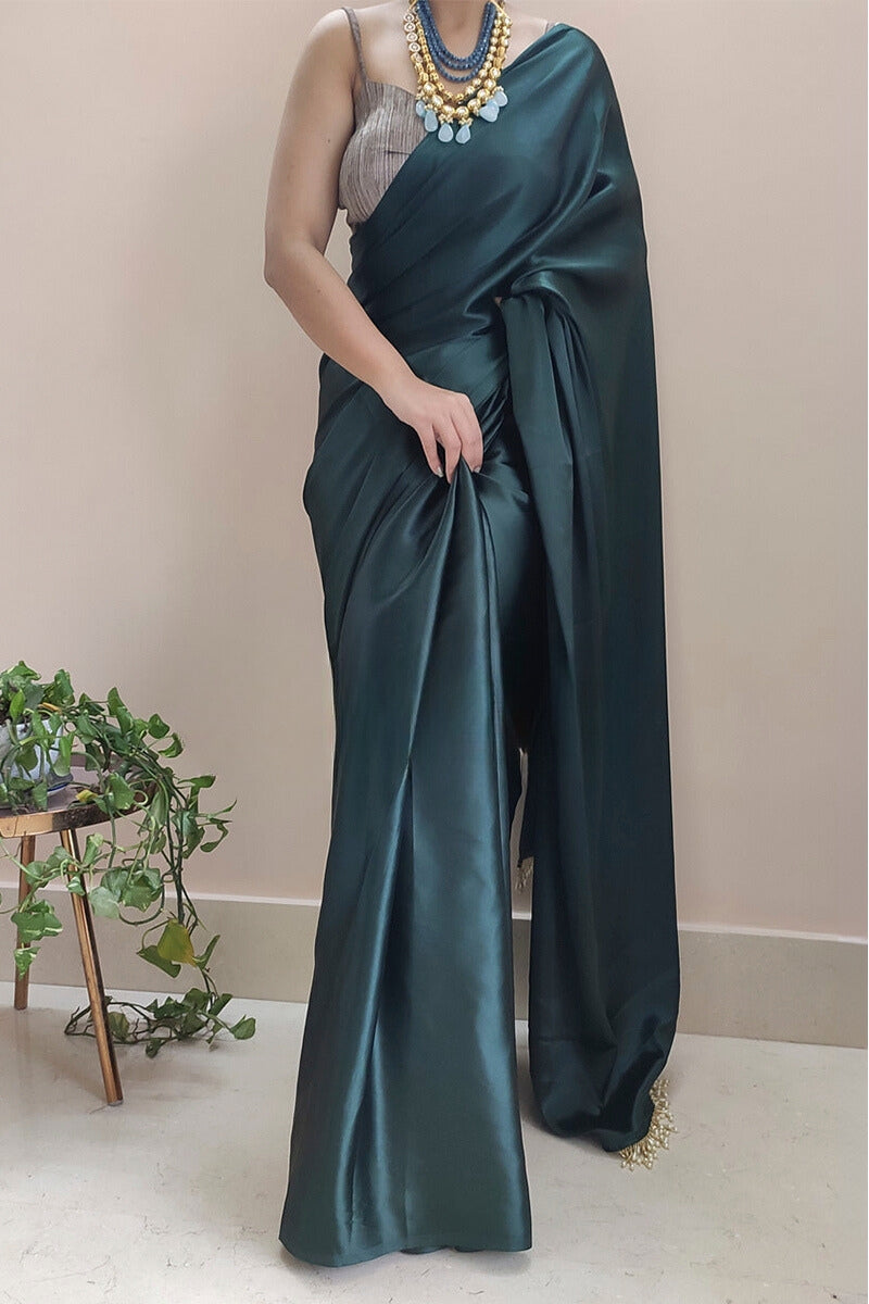 Enticing 1-Minute Ready To Wear Dark Blackish Green Satin Silk Saree - thelotusfab