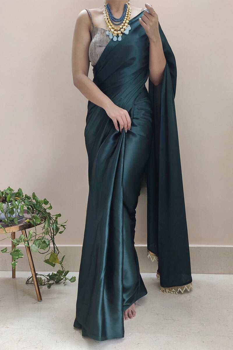 Enticing 1-Minute Ready To Wear Dark Blackish Green Satin Silk Saree - thelotusfab