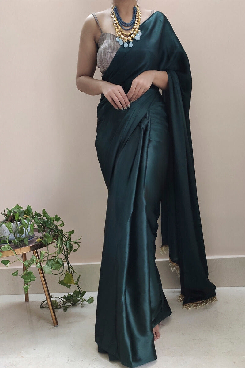 Enticing 1-Minute Ready To Wear Dark Blackish Green Satin Silk Saree - thelotusfab