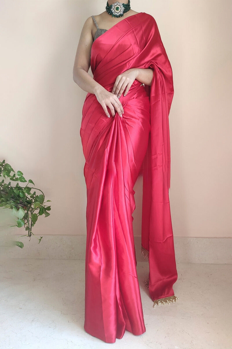 Palimpsest 1-Minute Ready To Wear Dark Pink Satin Silk Saree - thelotusfab