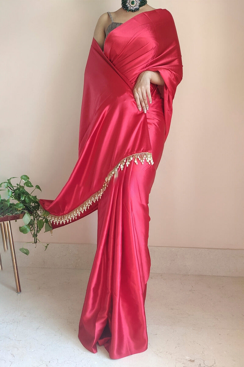 Palimpsest 1-Minute Ready To Wear Dark Pink Satin Silk Saree - thelotusfab