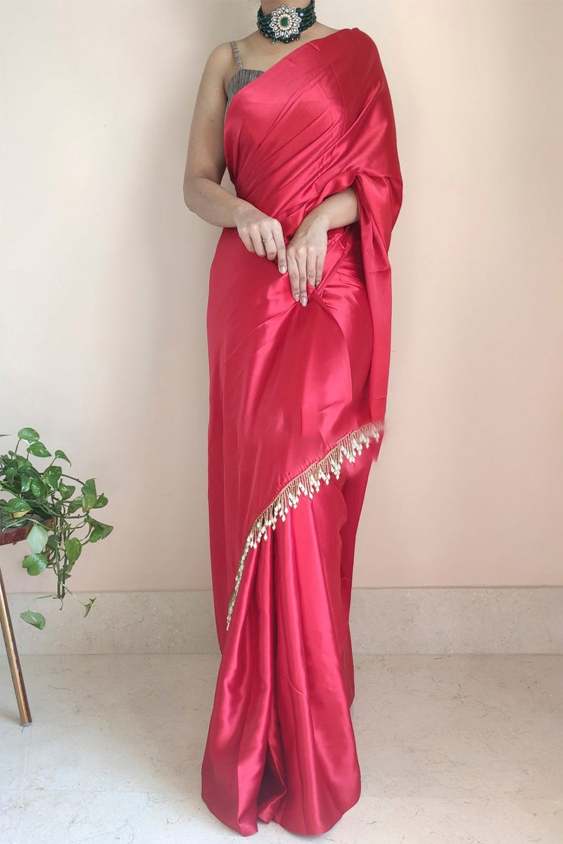 Palimpsest 1-Minute Ready To Wear Dark Pink Satin Silk Saree - thelotusfab