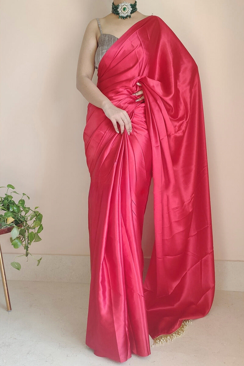 Palimpsest 1-Minute Ready To Wear Dark Pink Satin Silk Saree - thelotusfab