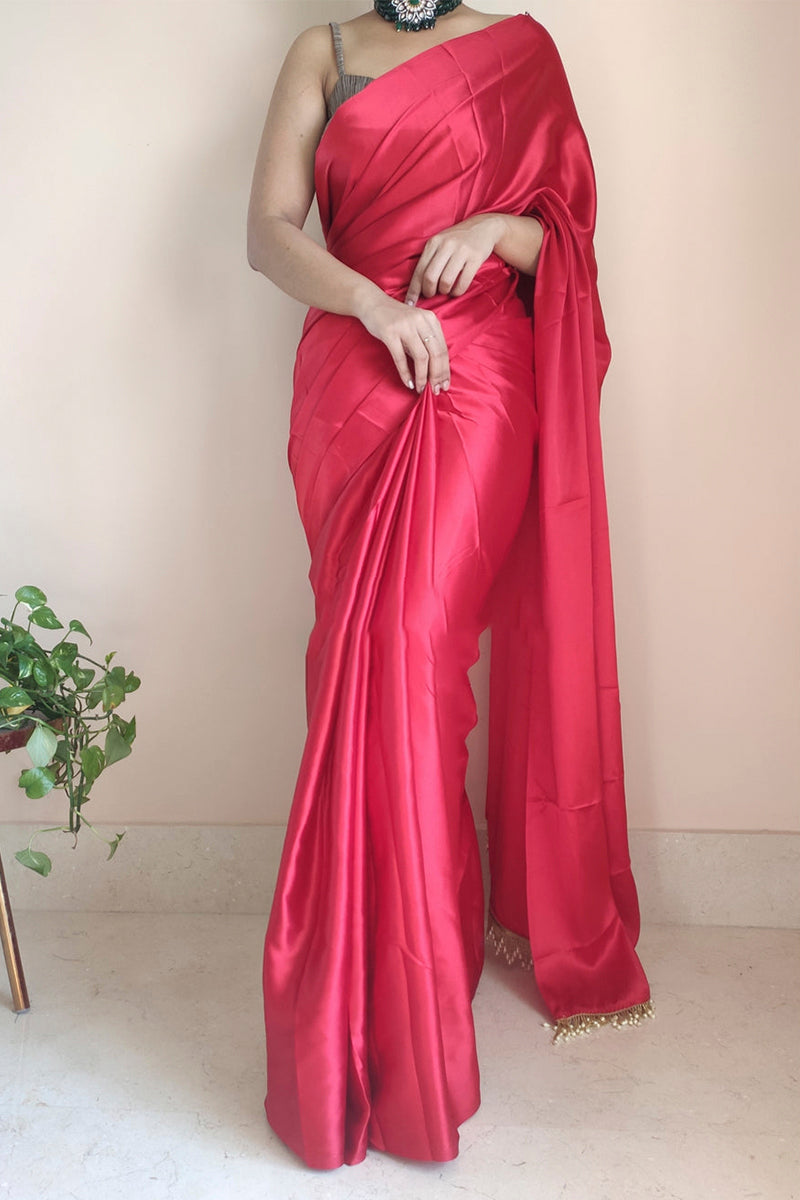 Palimpsest 1-Minute Ready To Wear Dark Pink Satin Silk Saree - thelotusfab