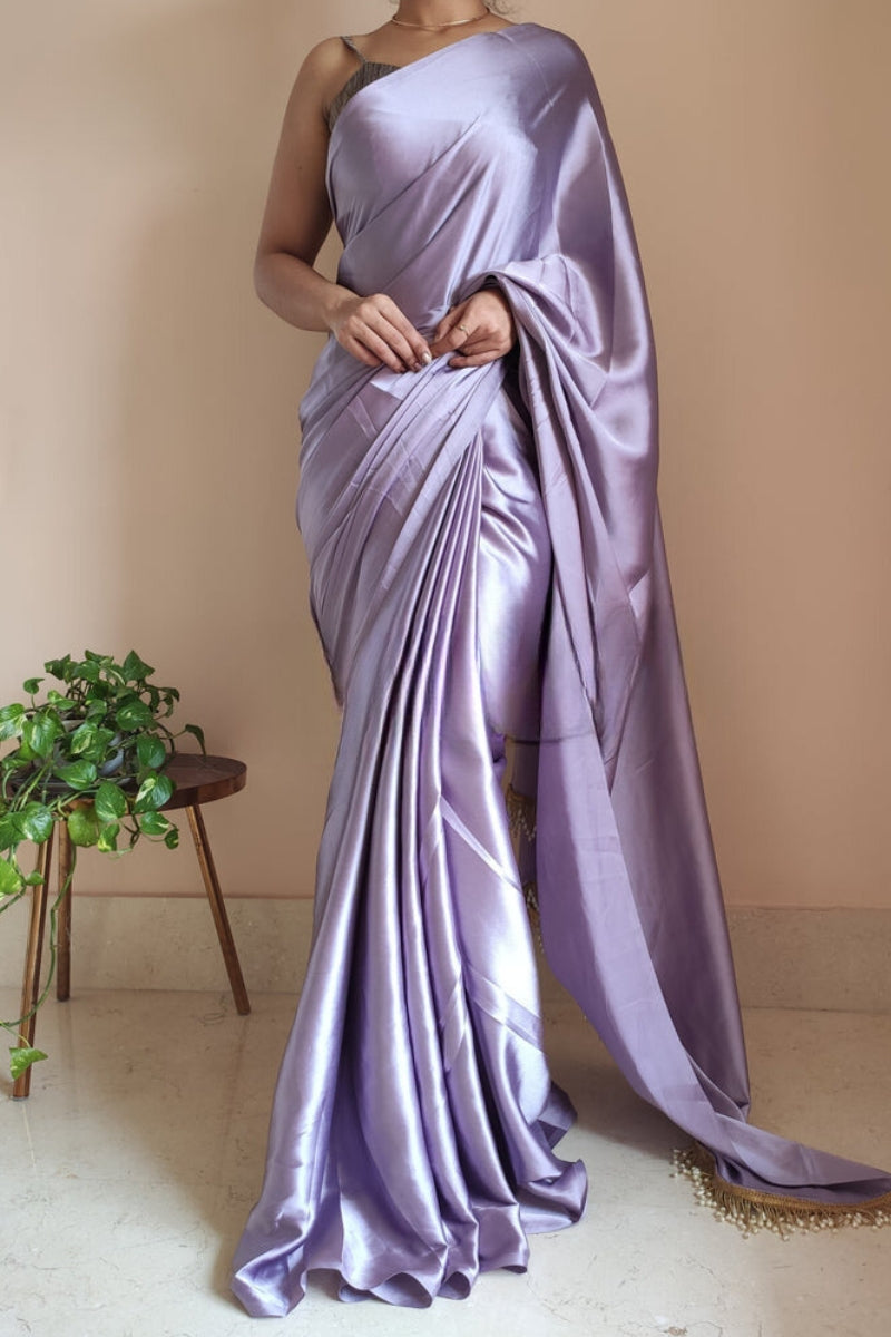 Dazzling 1-Minute Ready To Wear Dull Lavender Satin Silk Saree - thelotusfab