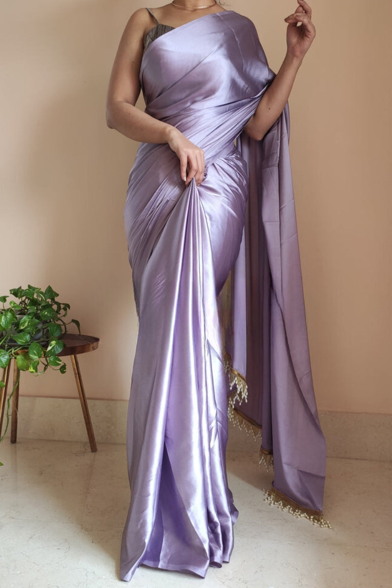 Dazzling 1-Minute Ready To Wear Dull Lavender Satin Silk Saree - thelotusfab