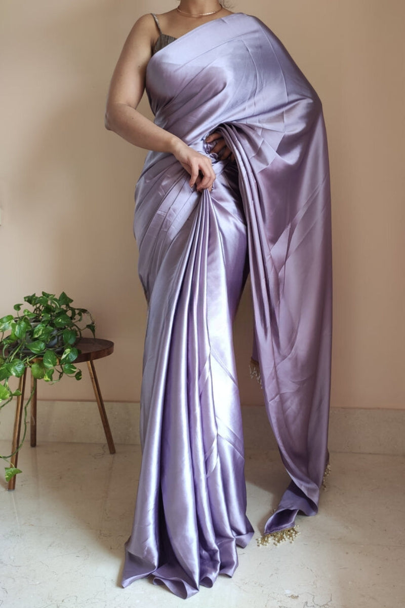 Dazzling 1-Minute Ready To Wear Dull Lavender Satin Silk Saree - thelotusfab