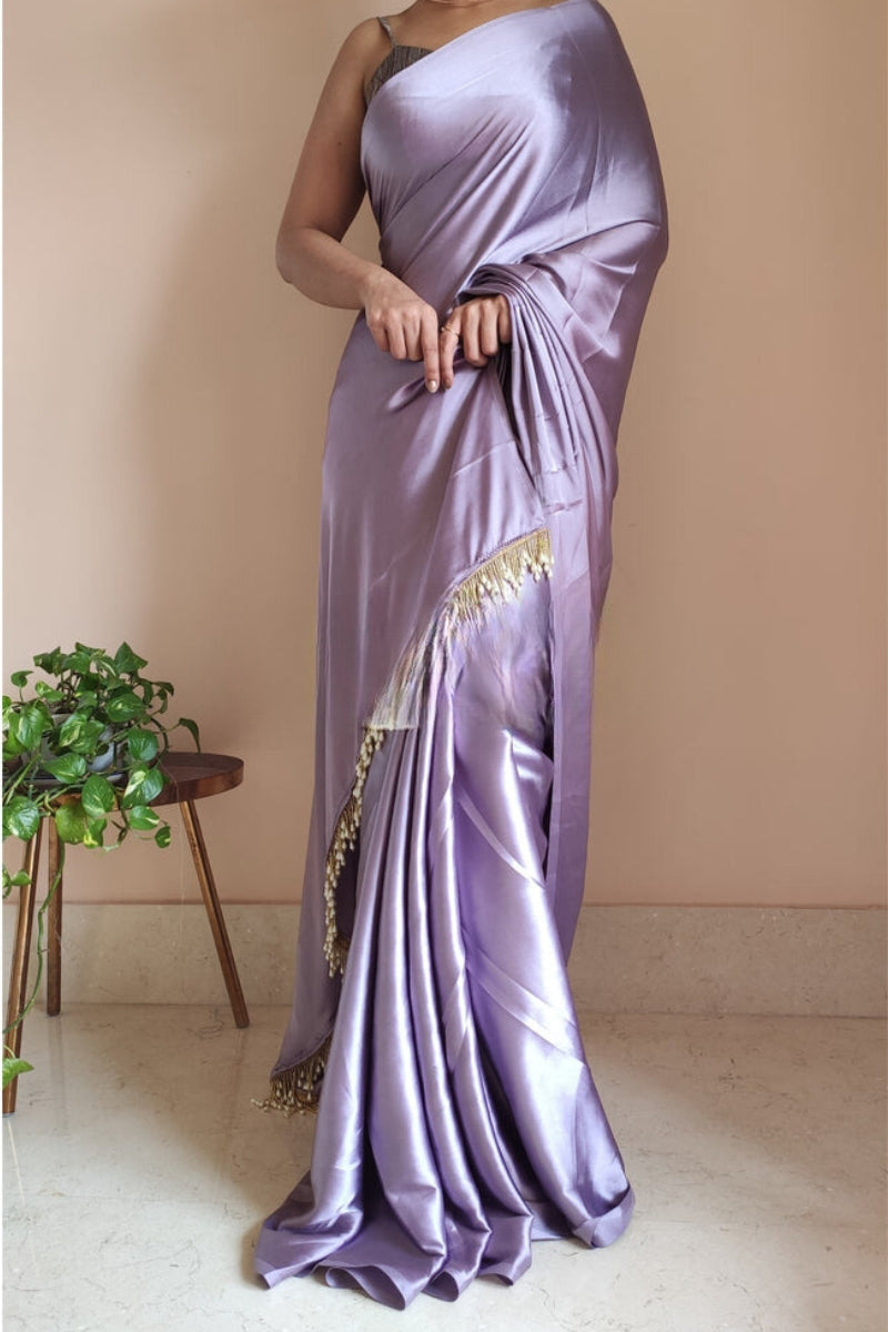 Dazzling 1-Minute Ready To Wear Dull Lavender Satin Silk Saree - thelotusfab