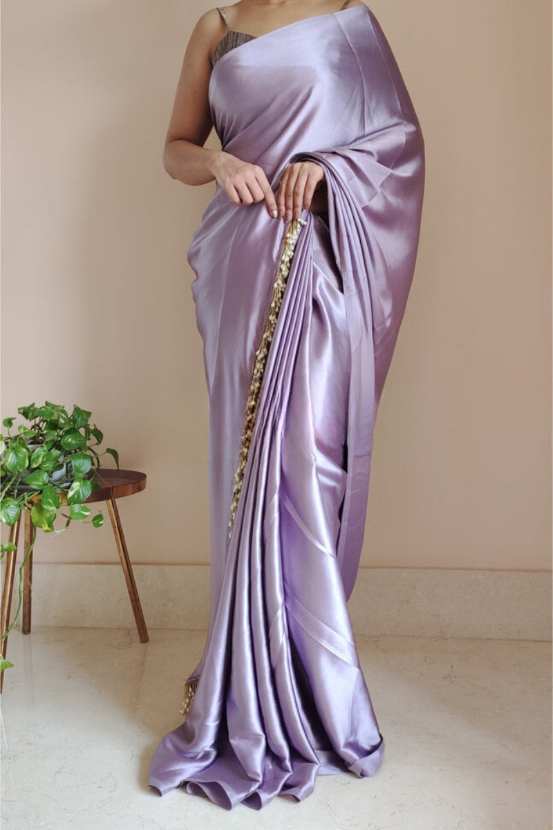 Dazzling 1-Minute Ready To Wear Dull Lavender Satin Silk Saree - thelotusfab