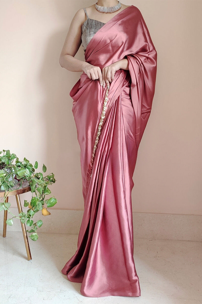 Susurrous 1-Minute Ready To Wear Dusty Rose Satin Silk Saree - thelotusfab