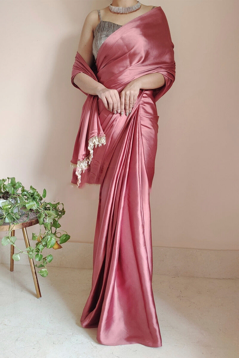 Susurrous 1-Minute Ready To Wear Dusty Rose Satin Silk Saree - thelotusfab