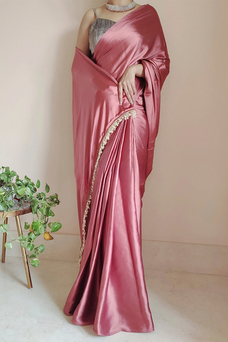 Susurrous 1-Minute Ready To Wear Dusty Rose Satin Silk Saree - thelotusfab