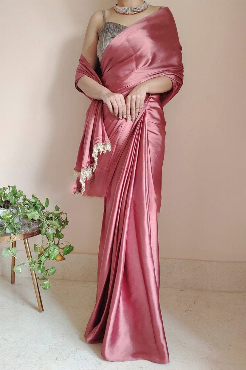 Susurrous 1-Minute Ready To Wear Dusty Rose Satin Silk Saree - thelotusfab