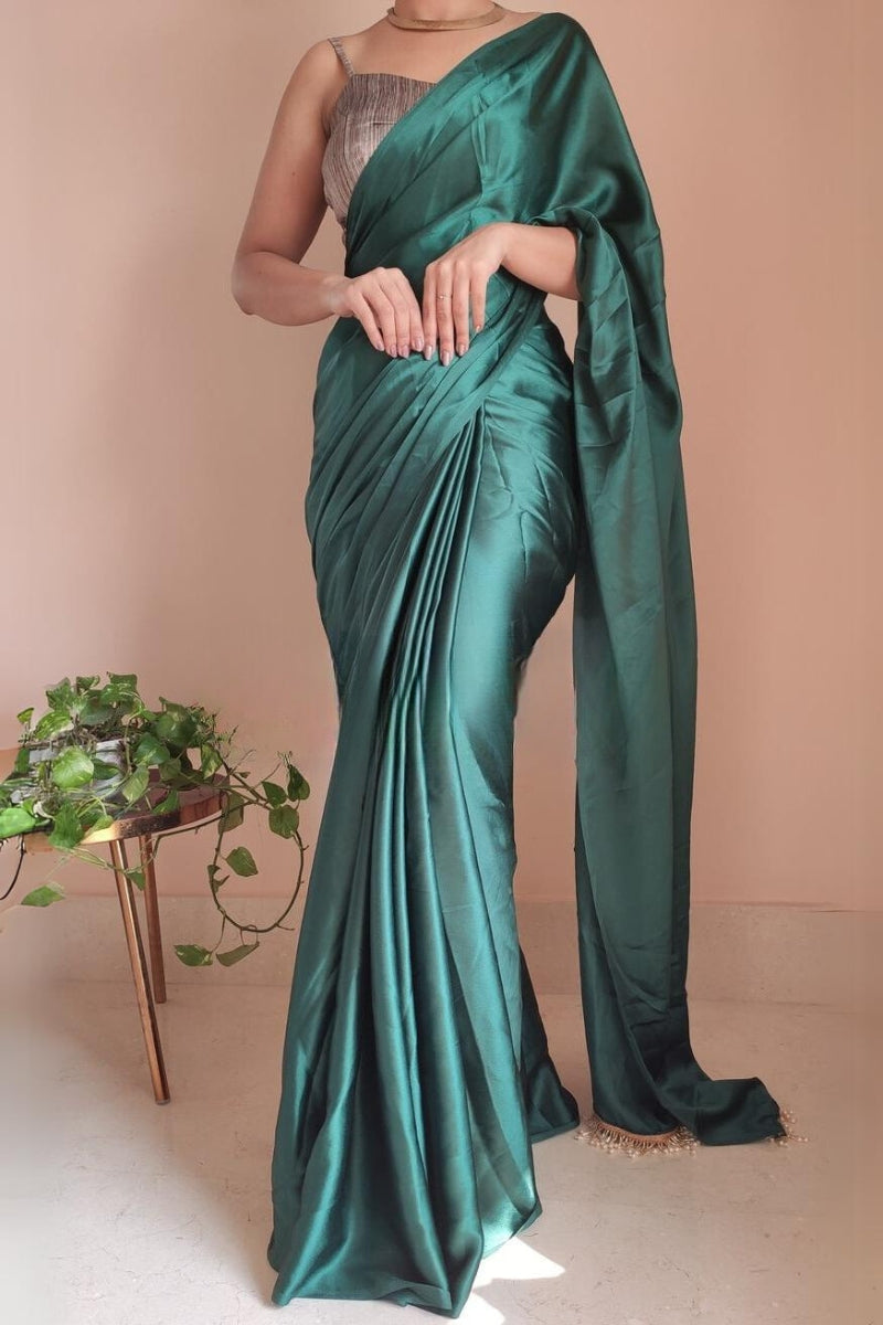 Desiring 1-Minute Ready To Wear Emerald Green Satin Silk Saree - thelotusfab