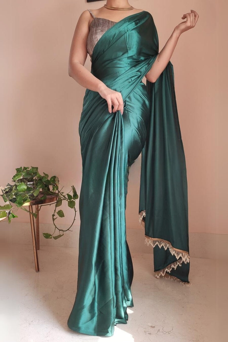 Desiring 1-Minute Ready To Wear Emerald Green Satin Silk Saree - thelotusfab