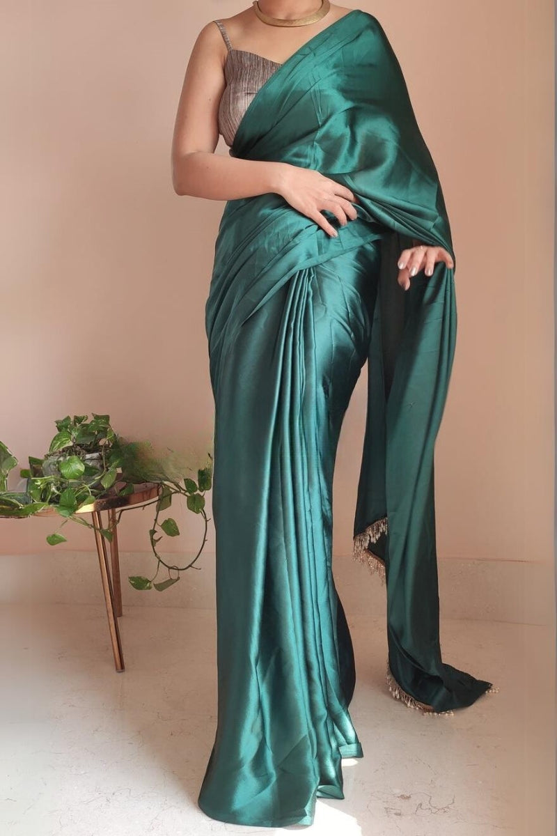 Desiring 1-Minute Ready To Wear Emerald Green Satin Silk Saree - thelotusfab