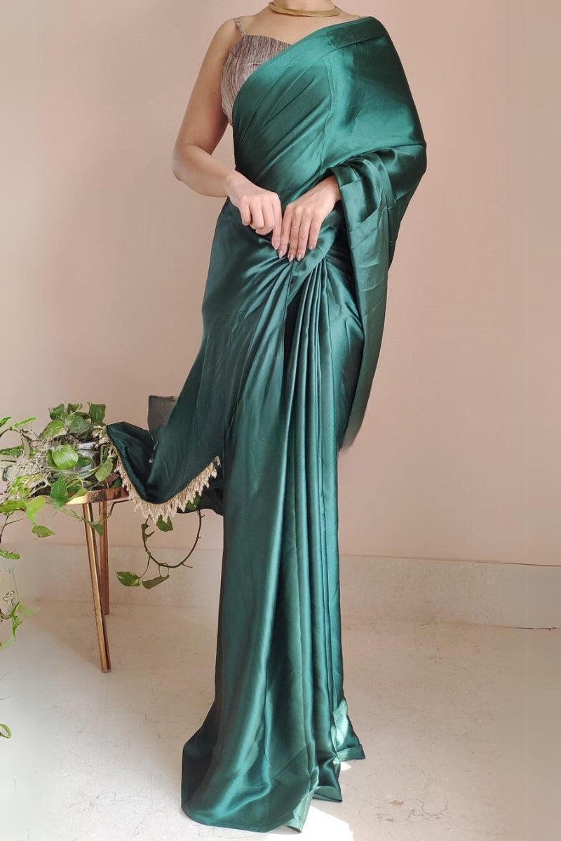 Desiring 1-Minute Ready To Wear Emerald Green Satin Silk Saree - thelotusfab