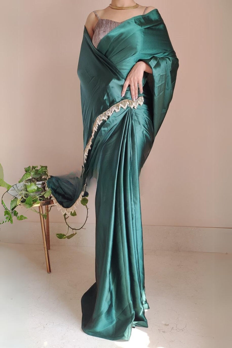 Desiring 1-Minute Ready To Wear Emerald Green Satin Silk Saree - thelotusfab