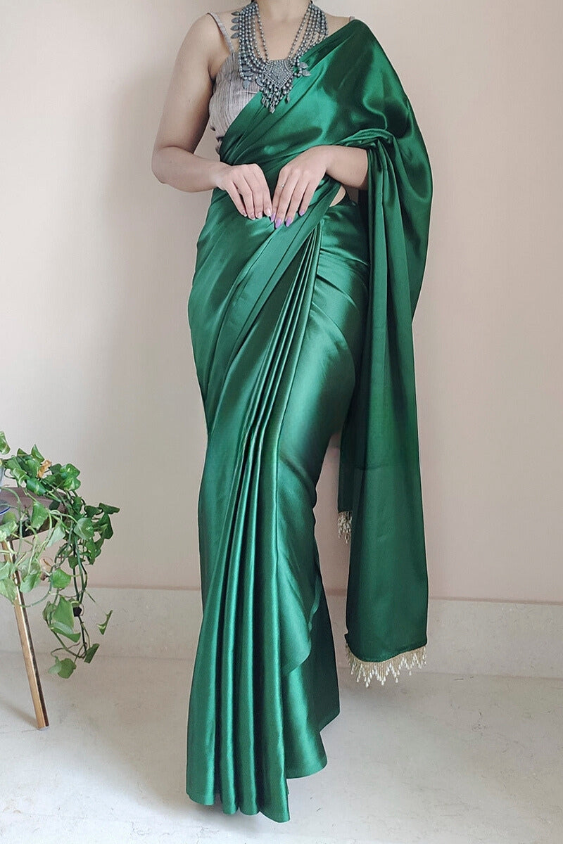 Adoring 1-Minute Ready To Wear Forest Green Satin Silk Saree - thelotusfab