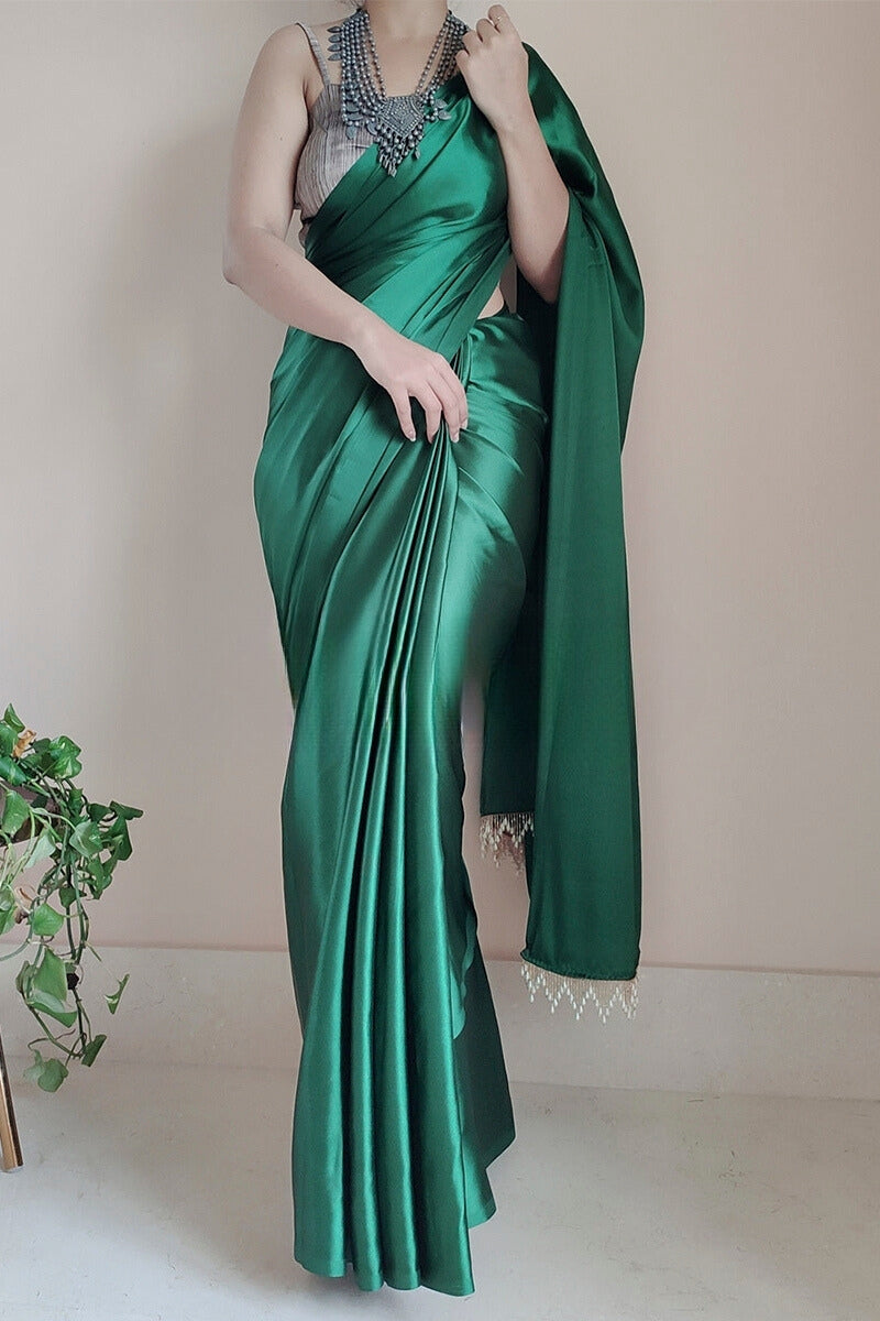 Adoring 1-Minute Ready To Wear Forest Green Satin Silk Saree - thelotusfab