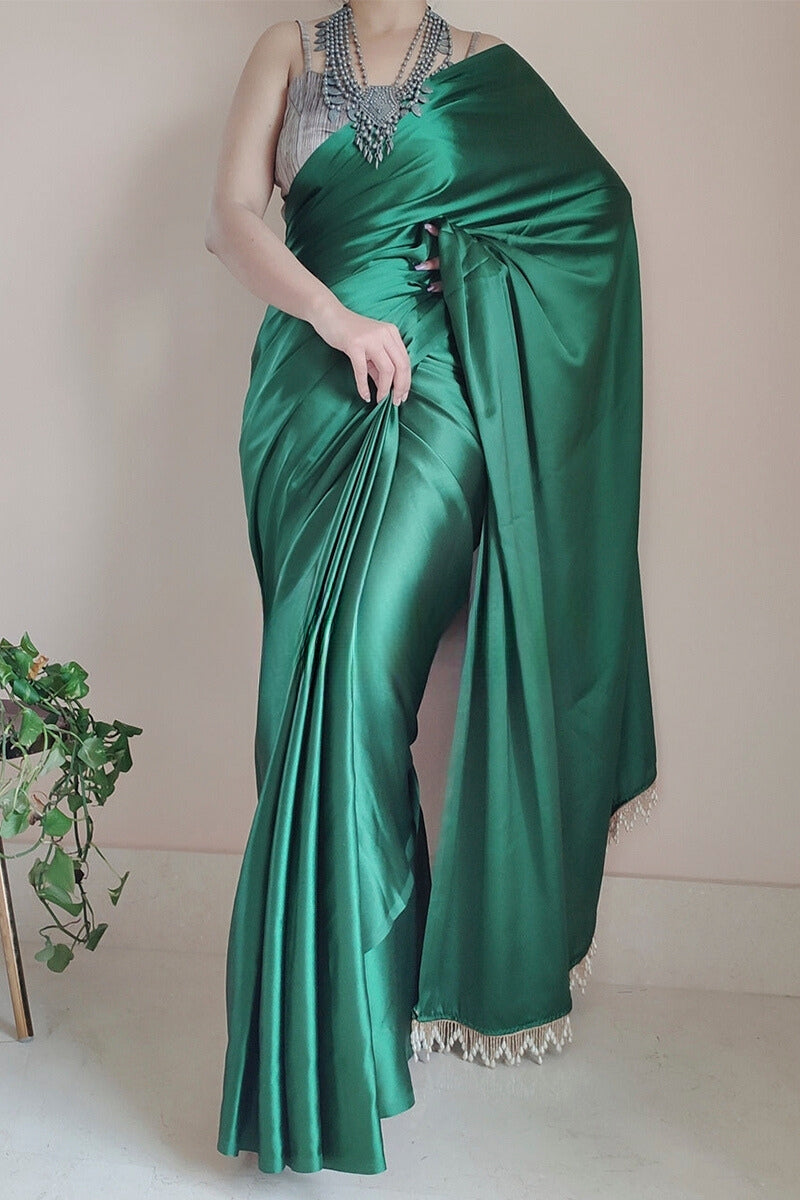 Adoring 1-Minute Ready To Wear Forest Green Satin Silk Saree - thelotusfab