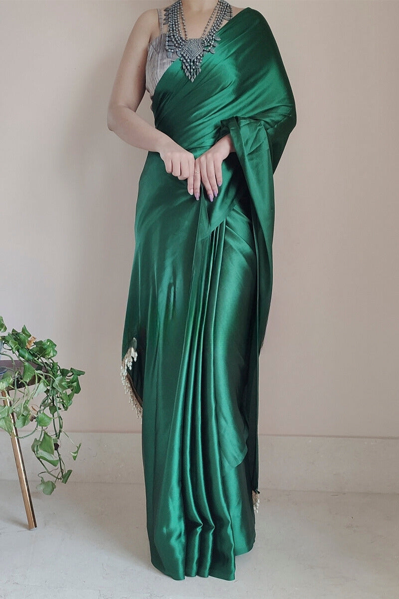 Adoring 1-Minute Ready To Wear Forest Green Satin Silk Saree - thelotusfab