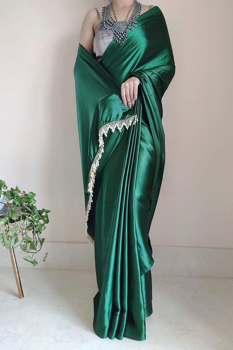 Adoring 1-Minute Ready To Wear Forest Green Satin Silk Saree - thelotusfab