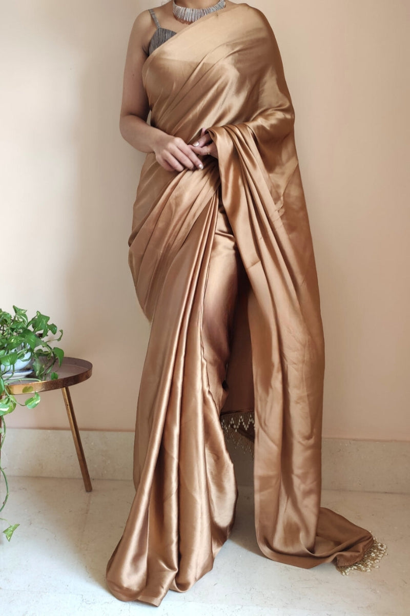 Exceptional 1-Minute Ready To Wear Golden Brown Satin Silk Saree - thelotusfab