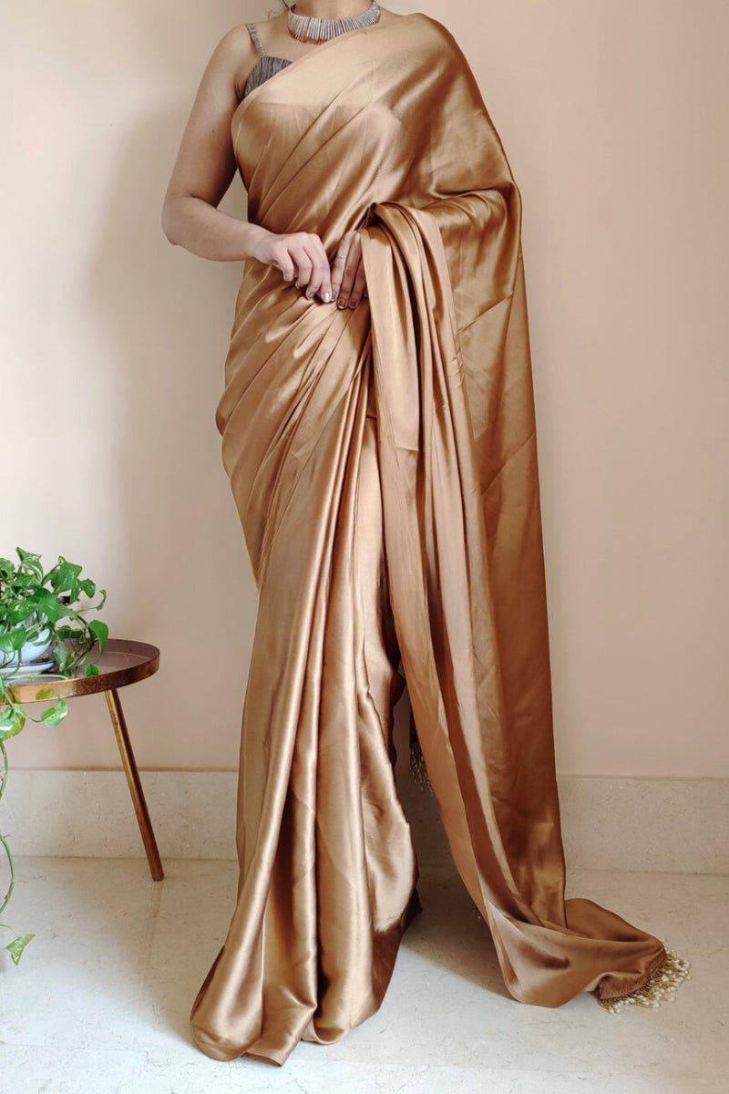 Exceptional 1-Minute Ready To Wear Golden Brown Satin Silk Saree - thelotusfab