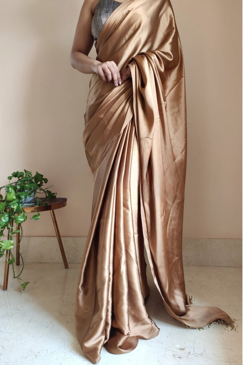 Exceptional 1-Minute Ready To Wear Golden Brown Satin Silk Saree - thelotusfab