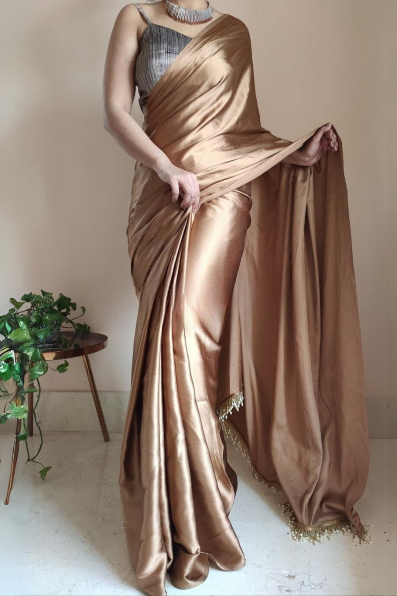 Exceptional 1-Minute Ready To Wear Golden Brown Satin Silk Saree - thelotusfab