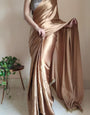 Exceptional 1-Minute Ready To Wear Golden Brown Satin Silk Saree