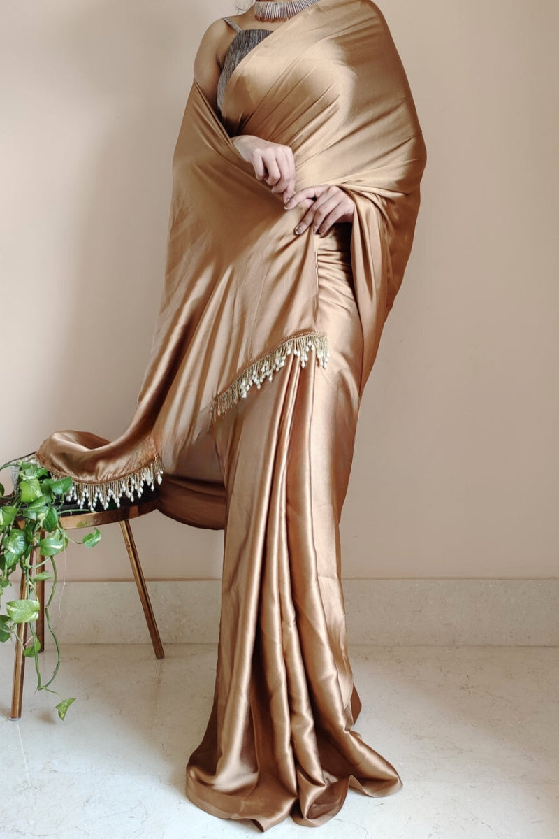 Exceptional 1-Minute Ready To Wear Golden Brown Satin Silk Saree - thelotusfab