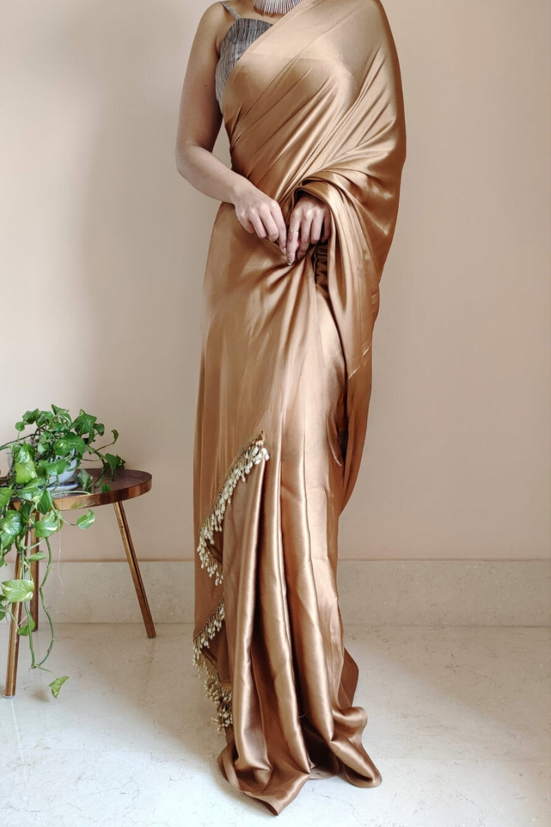 Exceptional 1-Minute Ready To Wear Golden Brown Satin Silk Saree - thelotusfab