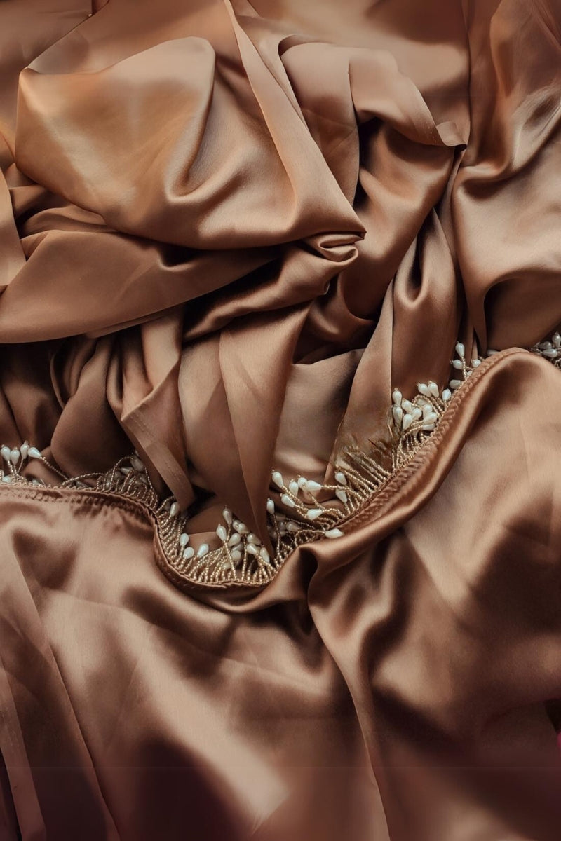 Exceptional 1-Minute Ready To Wear Golden Brown Satin Silk Saree - thelotusfab