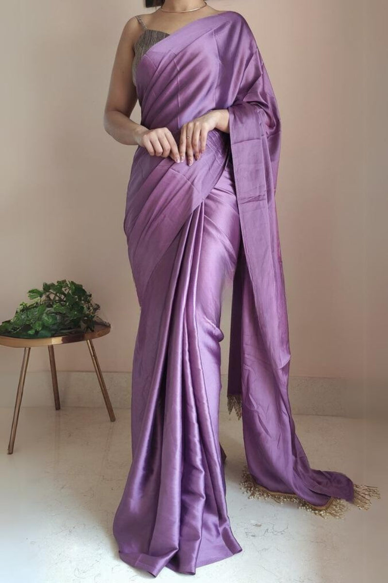 Entrancing 1-Minute Ready To Wear Heather Satin Silk Saree - thelotusfab