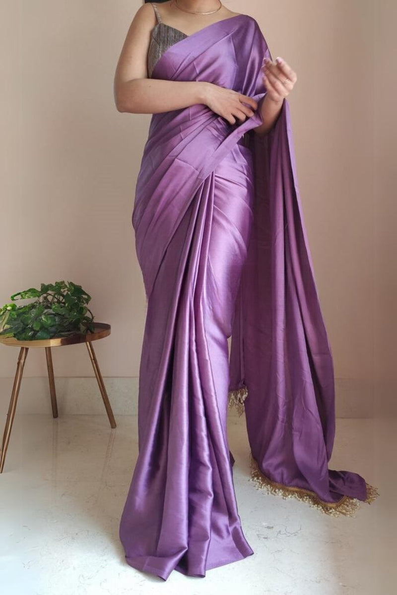 Entrancing 1-Minute Ready To Wear Heather Satin Silk Saree - thelotusfab