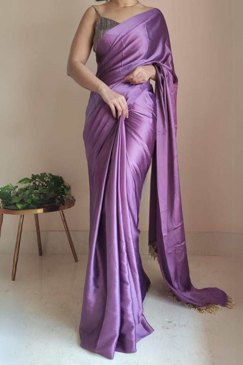 Entrancing 1-Minute Ready To Wear Heather Satin Silk Saree - thelotusfab