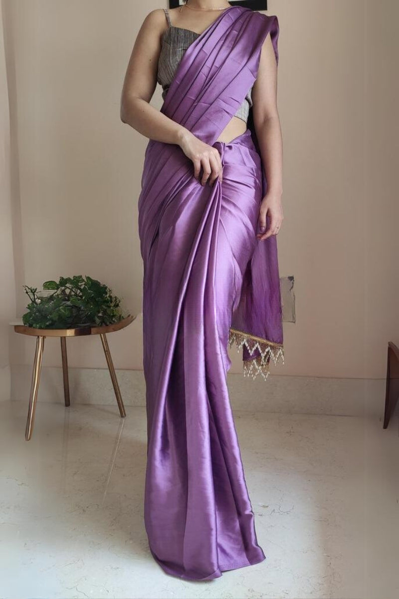 Entrancing 1-Minute Ready To Wear Heather Satin Silk Saree - thelotusfab