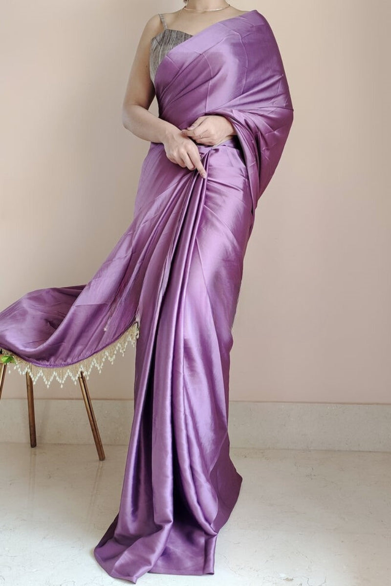 Entrancing 1-Minute Ready To Wear Heather Satin Silk Saree - thelotusfab