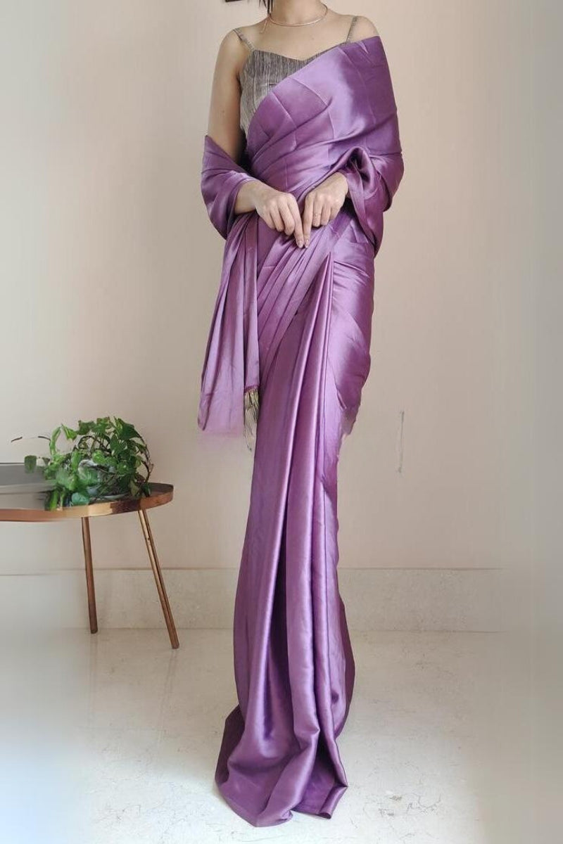 Entrancing 1-Minute Ready To Wear Heather Satin Silk Saree - thelotusfab