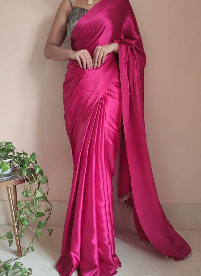 Smashing 1-Minute Ready To Wear Hot Pink Satin Silk Saree - thelotusfab