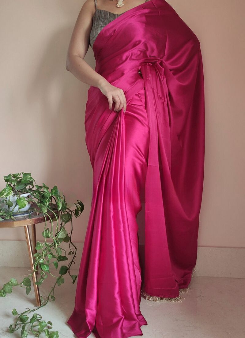 Smashing 1-Minute Ready To Wear Hot Pink Satin Silk Saree - thelotusfab